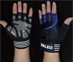 Găng tay tập gym thiết kế hở ngón kèm dấy quấn Valeo 1k5